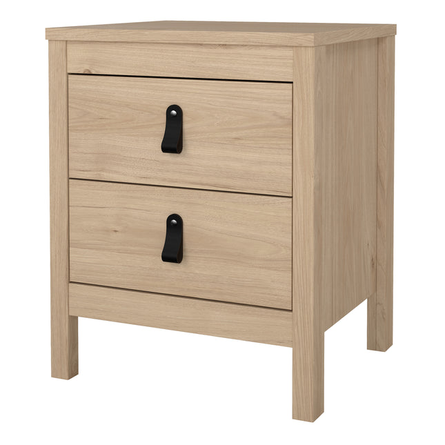 Square bedside table with two drawers, natural wood finish and black metal handles