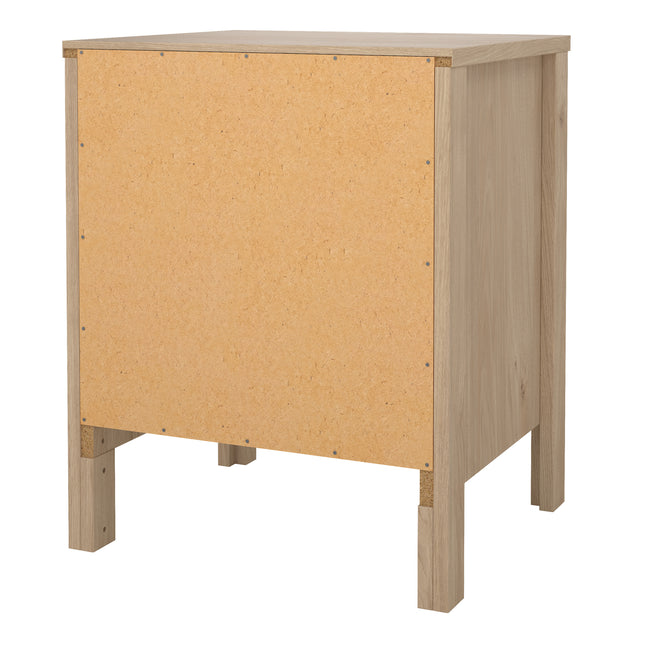 Square bedside table with two drawers, featuring a light wood finish and a plain, unadorned front panel