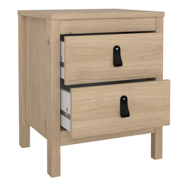Square bedside table with two drawers, made of light wood with a natural finish and black metal handles