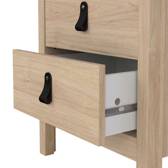 Bedside table with two drawers, featuring a light wood finish and black metal handles