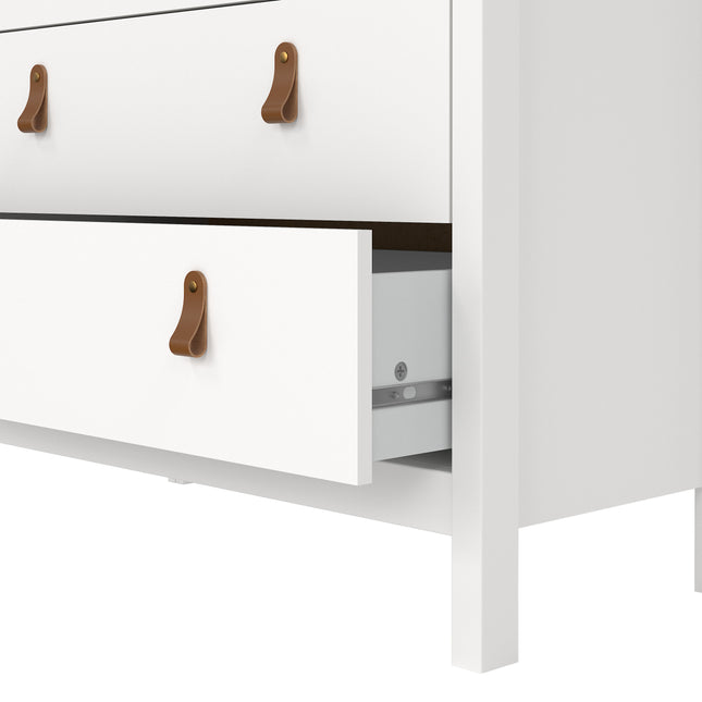 Chest of drawers with three large drawers and two smaller drawers, finished in white with brown leather handles