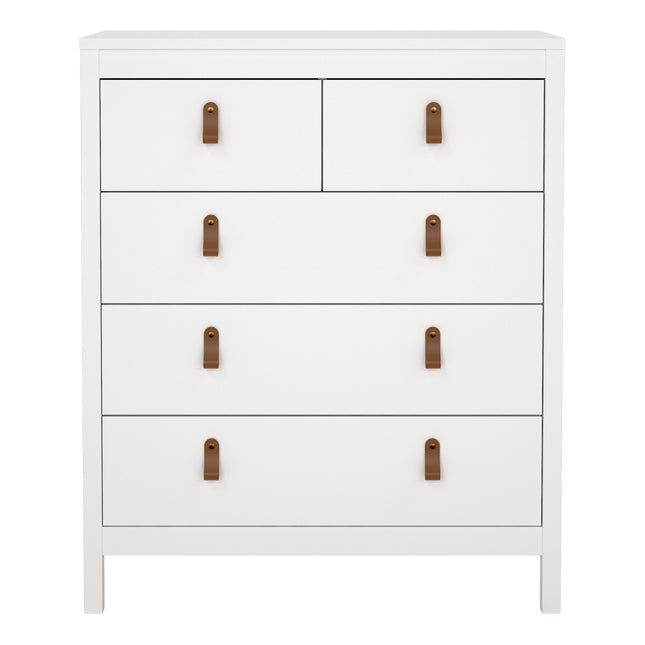 Chest of drawers with three small and two large drawers, finished in white with brown leather strap handles