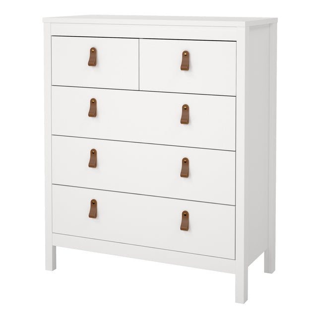 Chest of drawers with five compartments, featuring two small and three large drawers, in white with brown leather handles