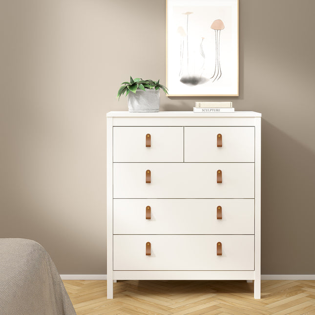 Chest of drawers with three upper and two lower drawers, featuring leather strap handles, in a white finish