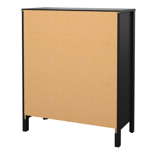 Tall cabinet with two doors, featuring a black frame and a light wood panel front