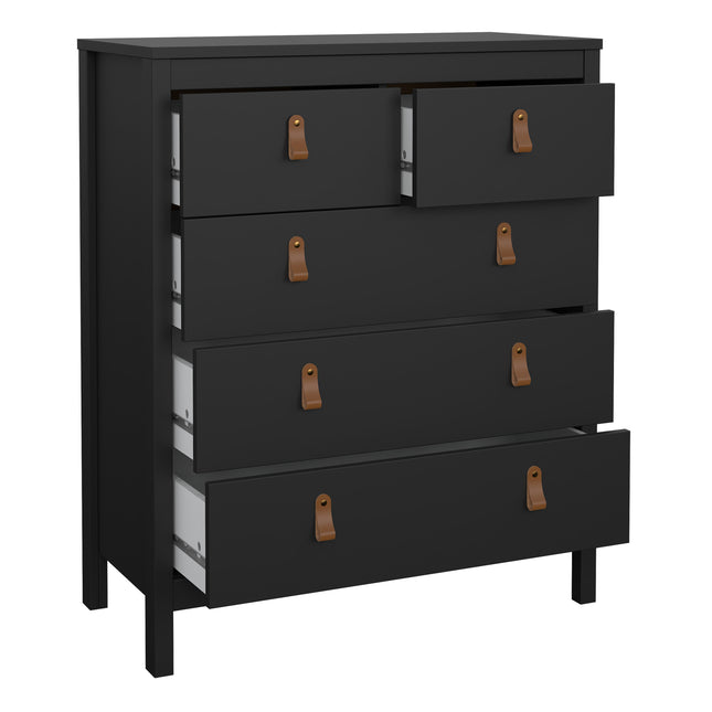 Chest of drawers with three large and two smaller drawers, finished in black with leather strap handles