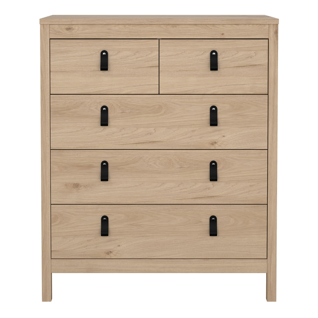 Chest of drawers with three small and two large drawers, featuring a light wood finish and black metal handles
