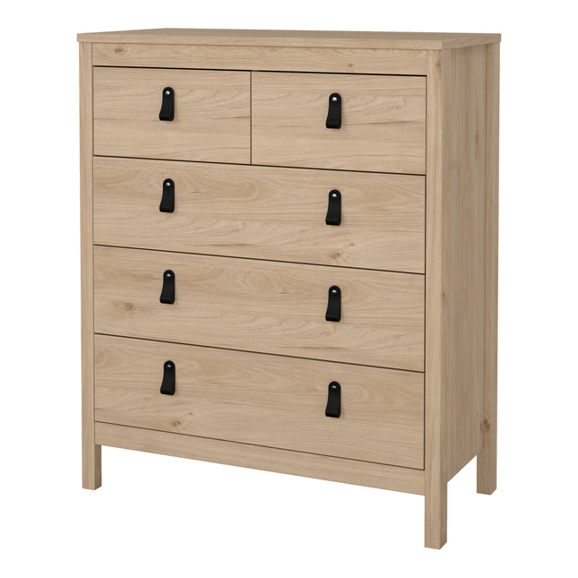 Chest of drawers with three small and two large drawers, featuring a light wood finish and black metal handles