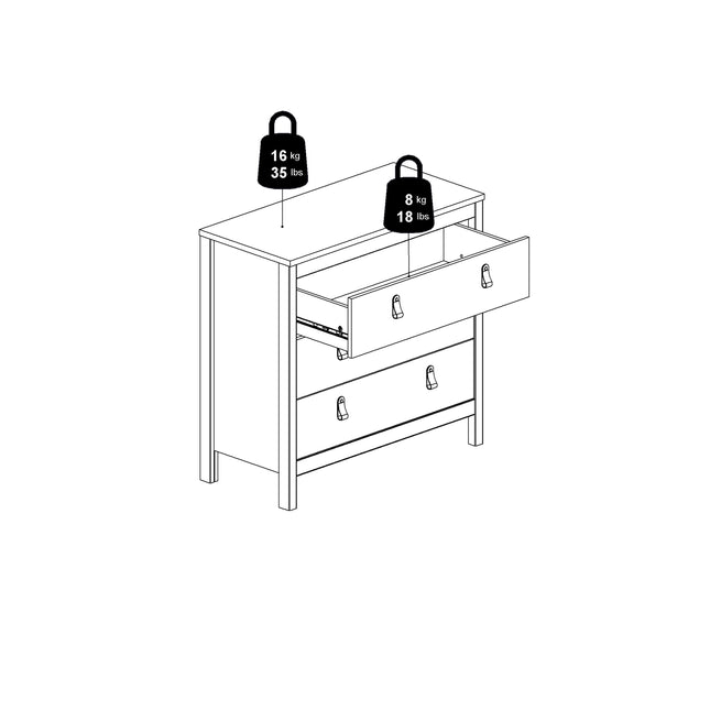 Three-drawer chest with a flat top, featuring two large drawers and one smaller drawer, all with simple metal handles