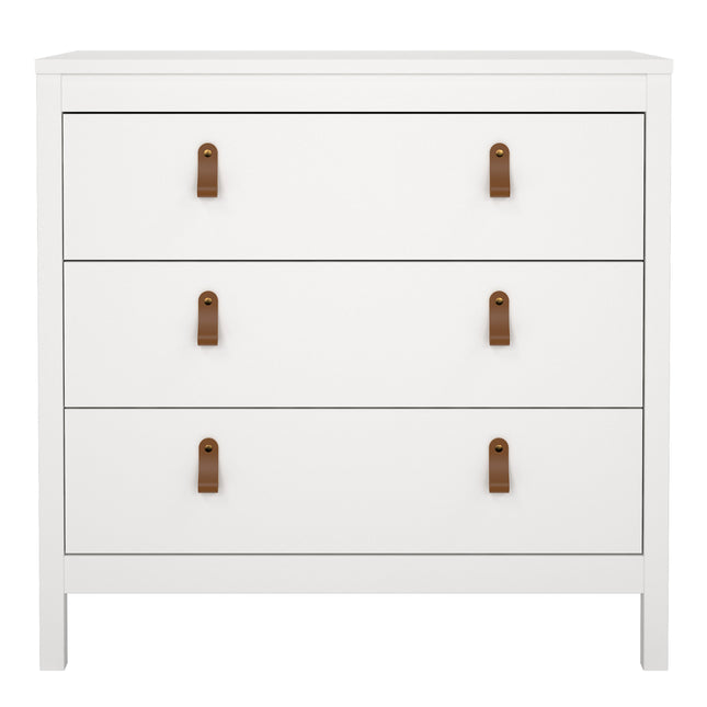 Three-drawer chest in white with leather strap handles and a smooth finish