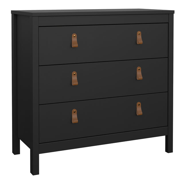 Three-drawer chest in black with leather strap handles and a smooth top surface