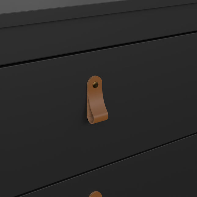 Three-drawer chest in black with leather handles and brass accents