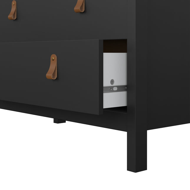 Chest of drawers with three spacious compartments, featuring a sleek black finish and leather pull handles
