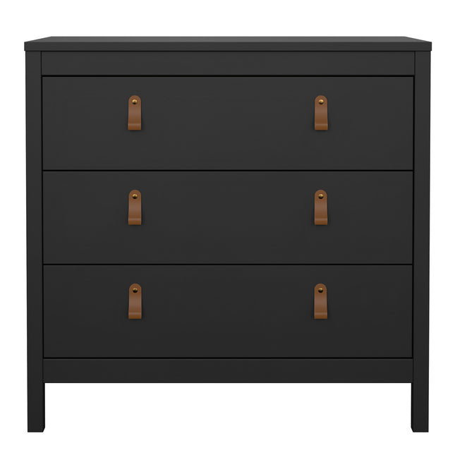 Chest of drawers with three spacious drawers, finished in black with leather strap handles