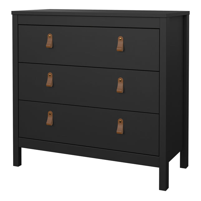 Chest of drawers with three spacious compartments, featuring leather strap handles and a sleek black finish