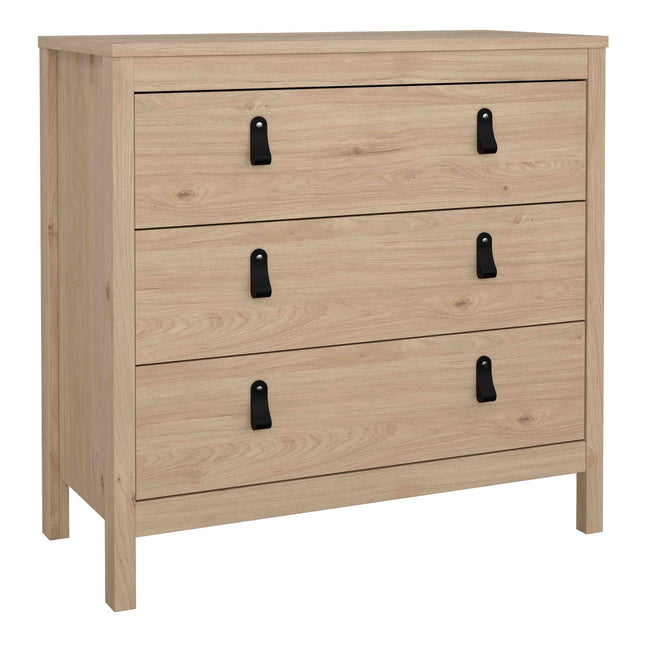 Three-drawer chest in light wood finish with black metal handles and a flat top surface