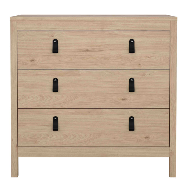 Chest of three drawers with a light wood finish and black metal handles. Simple, rectangular design with clean lines