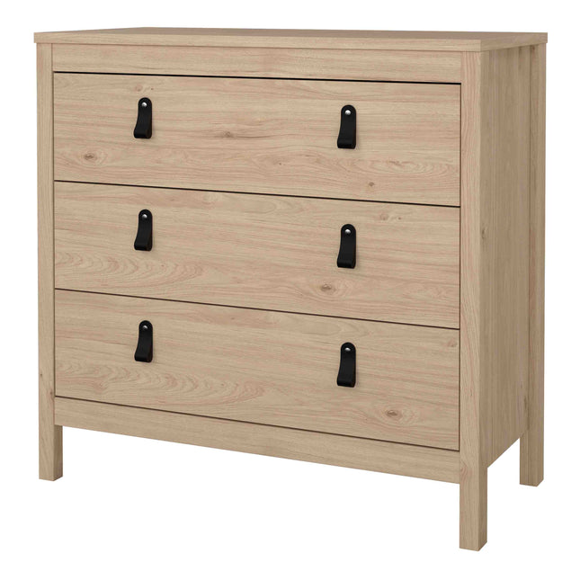 Three-drawer chest in light wood finish with black metal handles and a flat top surface