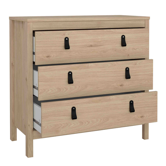 Chest of three drawers with a light wood finish and black metal handles, featuring a simple, rectangular design