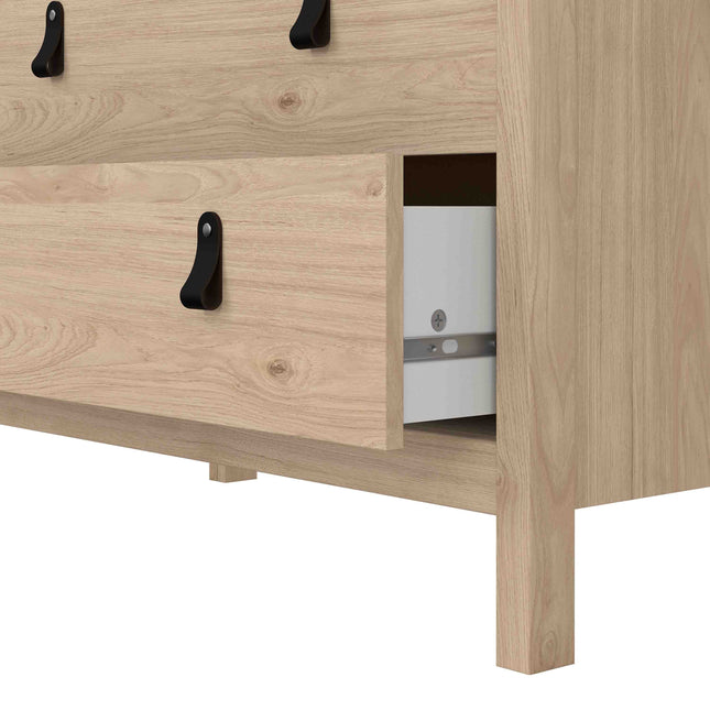 Chest of drawers with three pull-out drawers, featuring a light wood finish and black metal handles