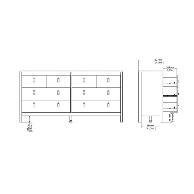 Double dresser with eight drawers, featuring a sleek design and a smooth white finish