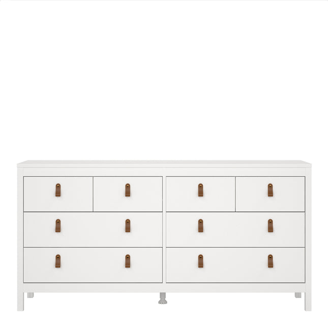 Double dresser with eight drawers, featuring leather strap handles and a smooth white finish