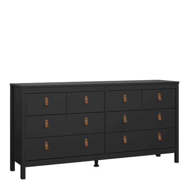 Double dresser with eight drawers, featuring a sleek black finish and leather strap handles