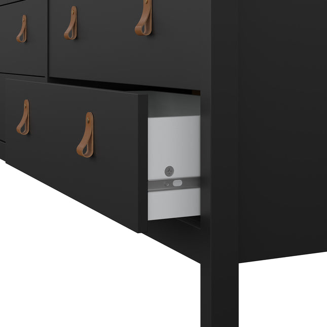 Double dresser with four large drawers, featuring a sleek black finish and leather strap handles