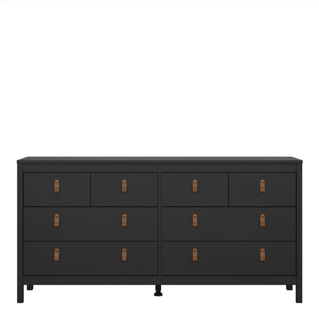 Double dresser with four large and four small drawers, finished in black with leather strap handles