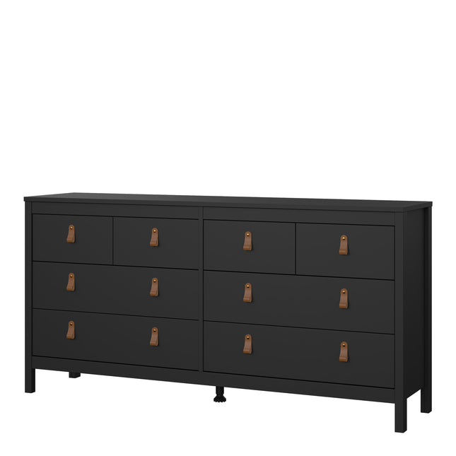 Double dresser with eight drawers featuring leather strap handles, finished in a matte black