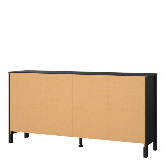 Long sideboard with four doors, featuring a black frame and light wood panel fronts