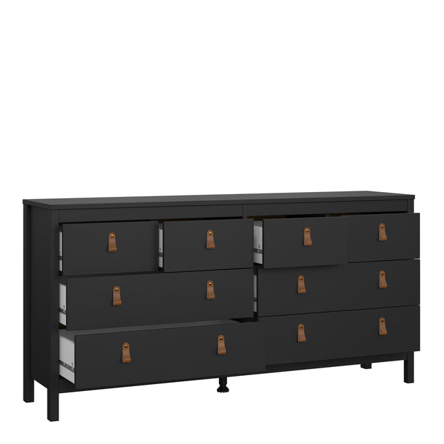 Double dresser with eight drawers featuring leather strap handles, finished in a sleek black colour