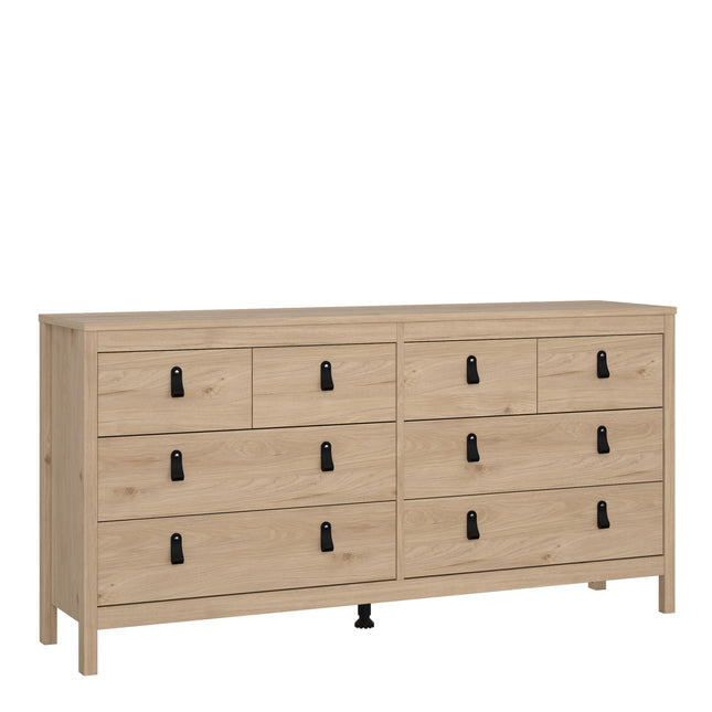 Double dresser with eight drawers, featuring a light wood finish and black metal handles