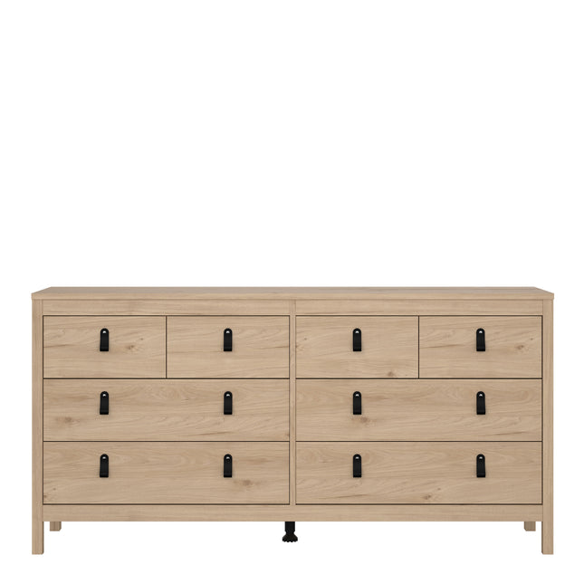 Double dresser with eight drawers, featuring a light wood finish and black metal handles