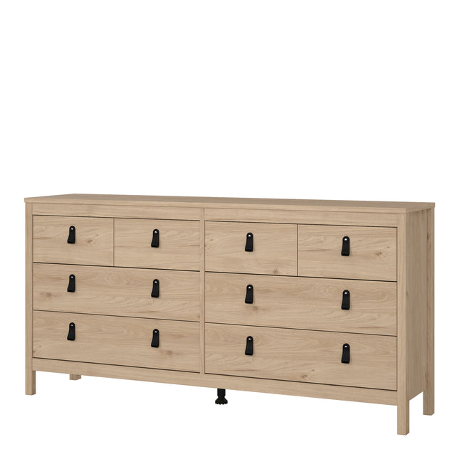 Double dresser with eight drawers, featuring a light wood finish and black metal handles