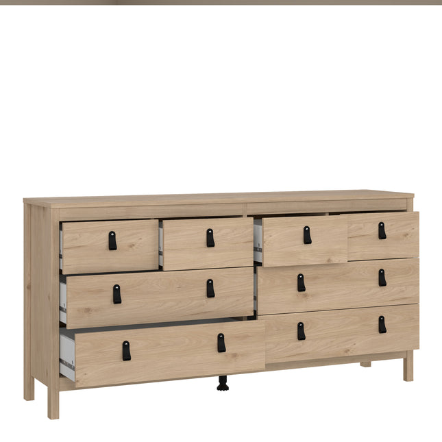Double dresser with eight drawers, featuring a light wood finish and black metal handles