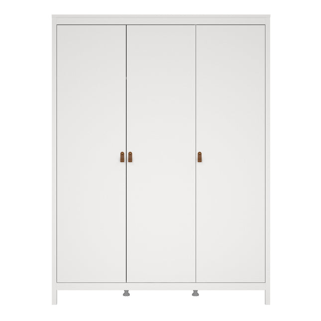 Three-door wardrobe with a sleek white finish and wooden handles. Simple, modern design with a flat front