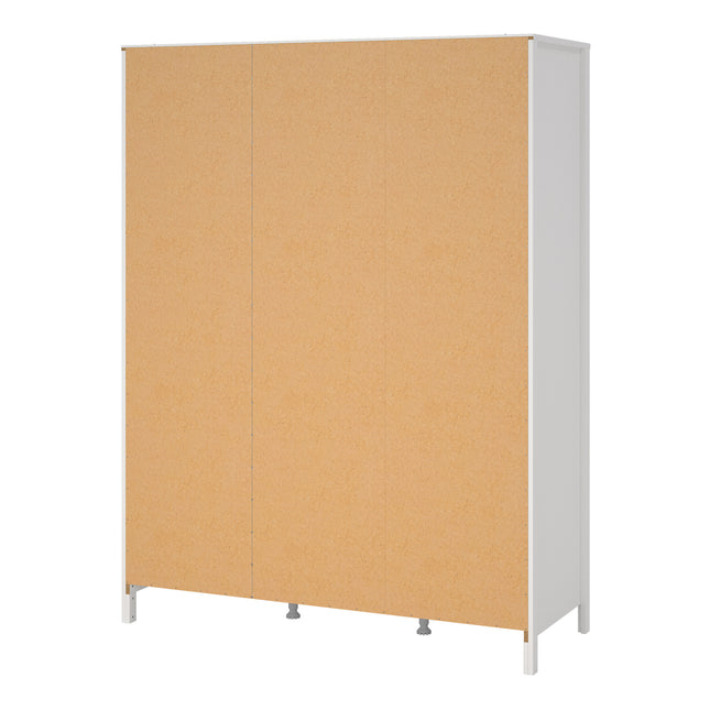 Wardrobe with three doors featuring a light wood finish and a white frame, standing on adjustable legs