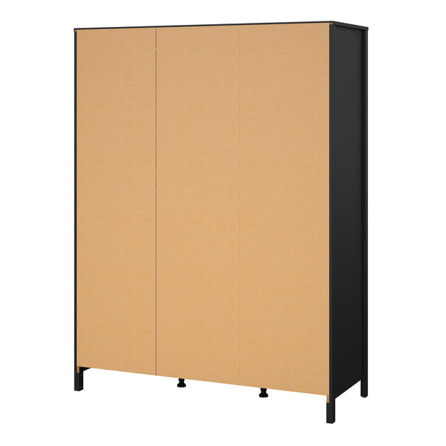 Tall wardrobe with three doors, featuring a sleek black frame and light wood-effect panels