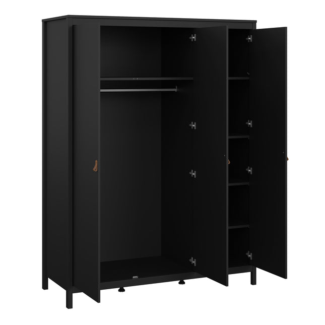 Three-door wardrobe in black with a hanging rail and multiple shelves, featuring leather handles on the doors