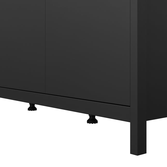 Three-door wardrobe with a sleek black finish and minimalist design, featuring adjustable feet for stability