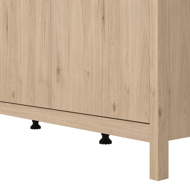 Wardrobe with three doors, featuring a light wood finish and adjustable black feet for stability