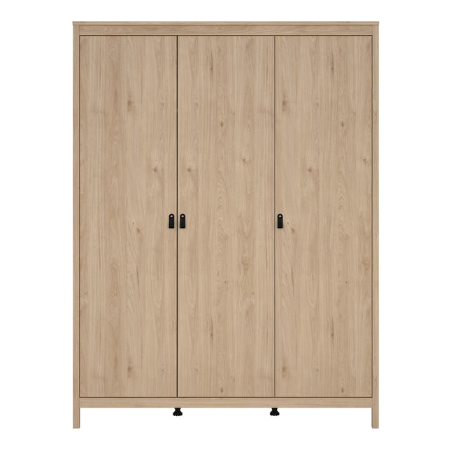 Three-door wardrobe with a light wood finish and black handles, featuring a simple, rectangular design