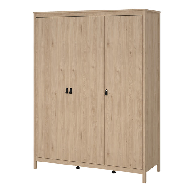 Wardrobe with three doors featuring a light wood finish and black handles, standing on four legs