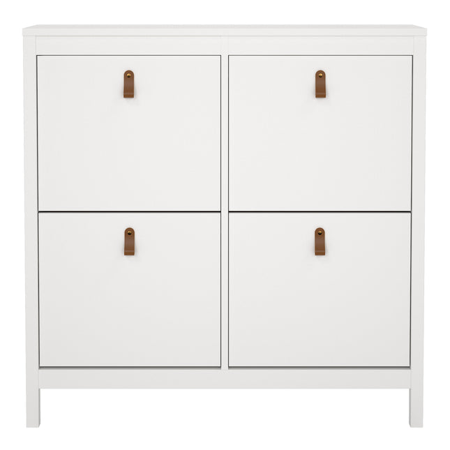 Cabinet with four compartments, featuring brown leather handles and a sleek white finish