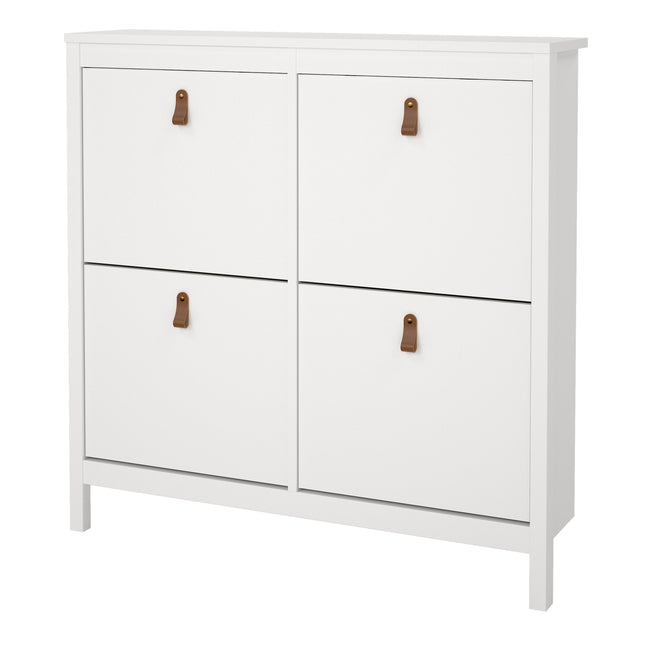 Cabinet with four compartments, featuring leather strap handles and a smooth white finish