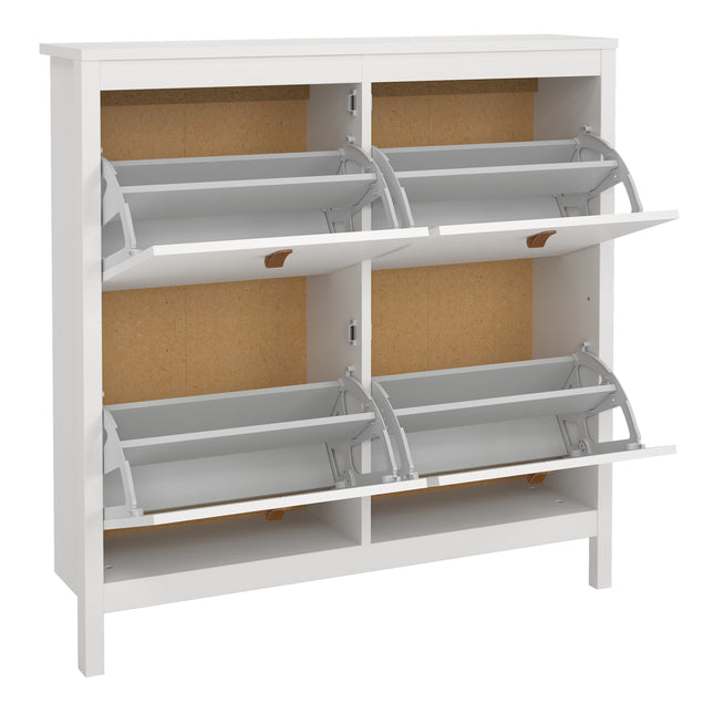 Cabinet with four compartments featuring pull-down doors and a white finish. Interior has a light wood backing