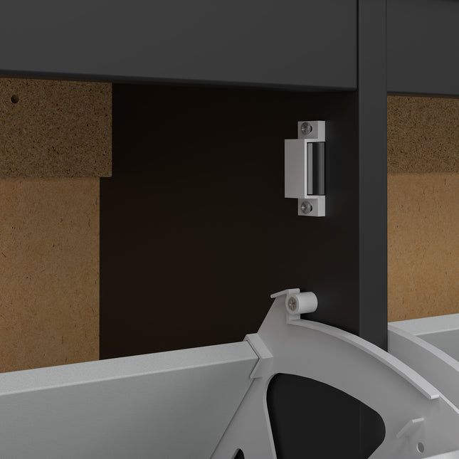 Close-up of a cabinet interior featuring a metal hinge and a white plastic wheel for sliding compartments