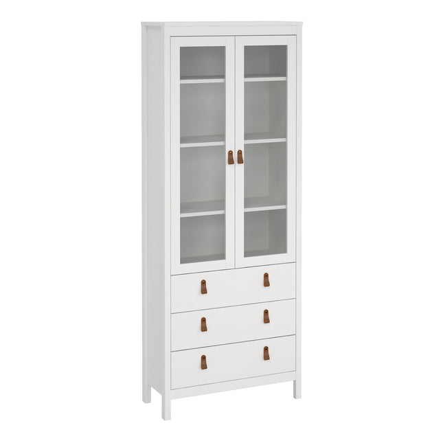 Tall cabinet with two glass doors, three drawers below, and a white finish with brown handles