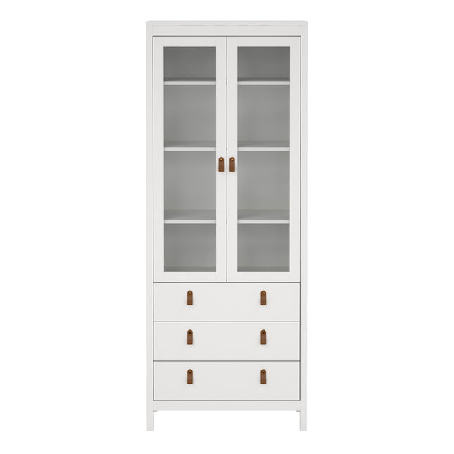Tall cabinet with two glass doors, three wooden drawers, and brown handles, finished in white
